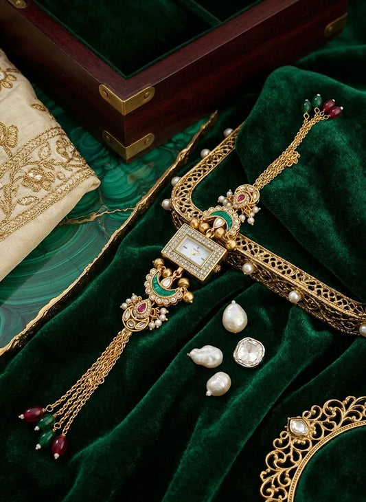 Traditional Gold-Plated Kundan Bajuband Style Bracelet Watch for Women