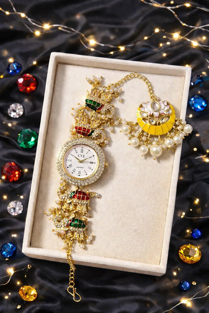 Gajgamini 18K Gold Plated Heritage Kundan Watch Lotus Charm