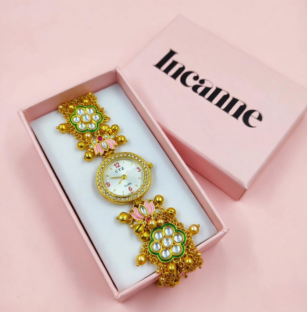 Pink lotus 18k- Gold Plated Kashmiri watch