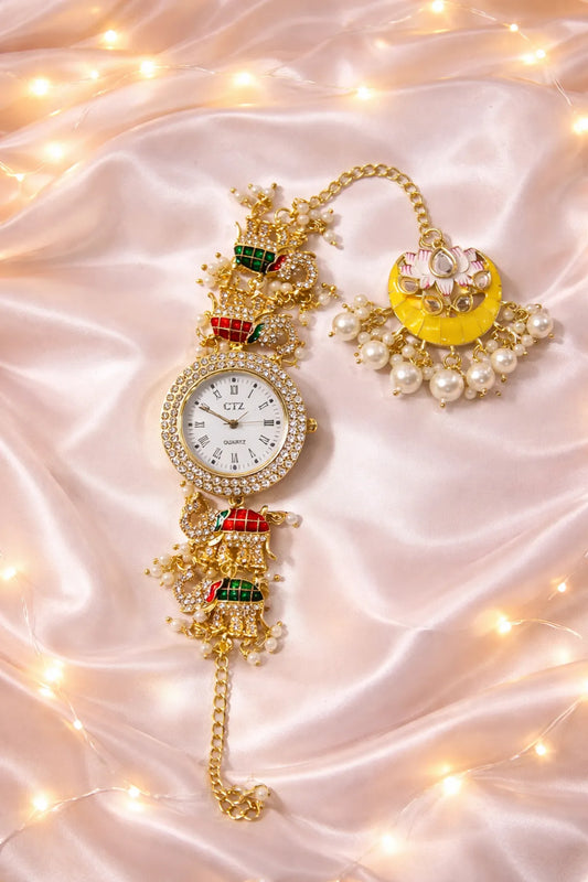 Gajgamini 18K Gold Plated Heritage Kundan Watch Lotus Charm